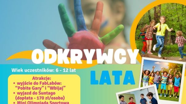 Plakat zaprasza na Półkolonie letnia organizowaną przez szkołę językową Helen Doron w Ząbkach