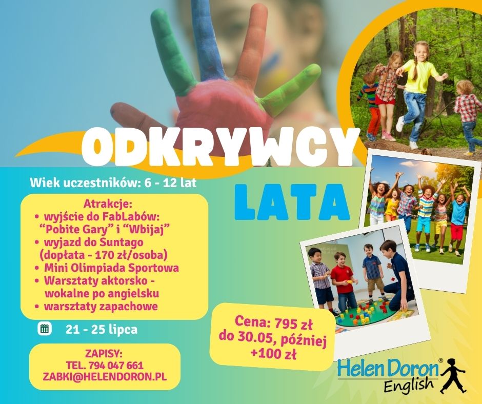 Plakat zaprasza na Półkolonie letnia organizowaną przez szkołę językową Helen Doron w Ząbkach