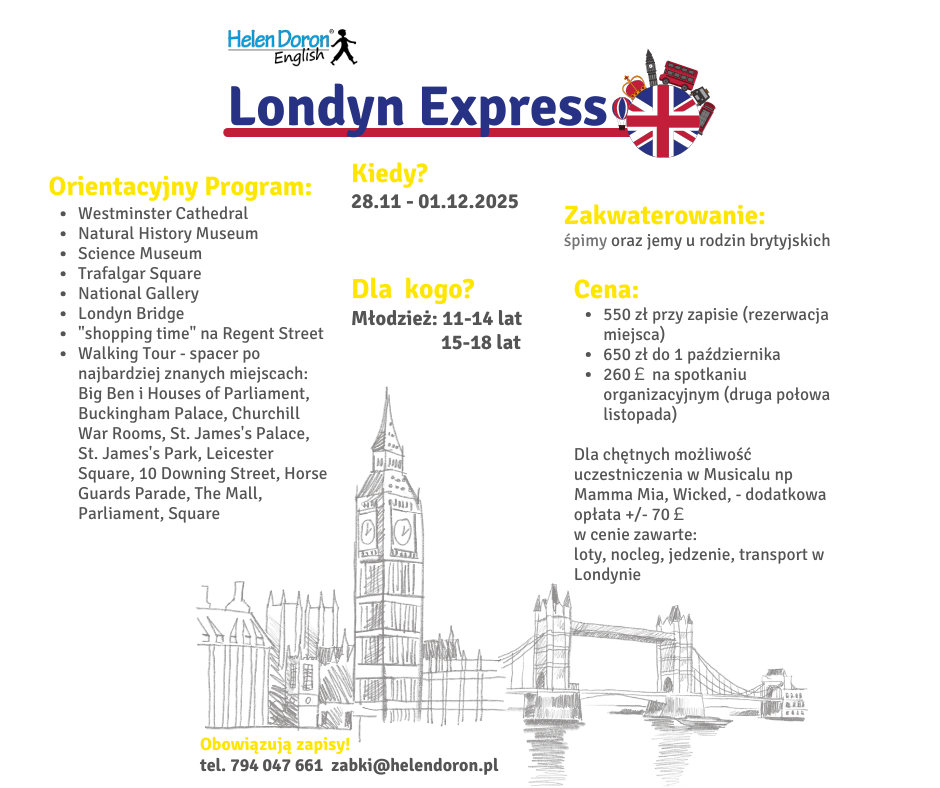 Plakat przedstawia plan wtyjazdu do Londynu z Helen Doron z Ząbek