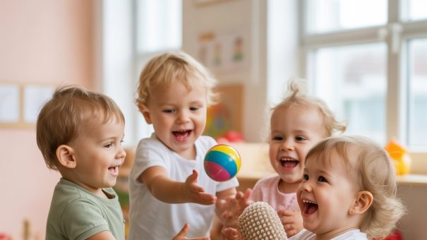 Dzieci w wieku 2–3 lat podczas zabawy sensorycznej na zajęciach z języka angielskiego dla najmłodszych