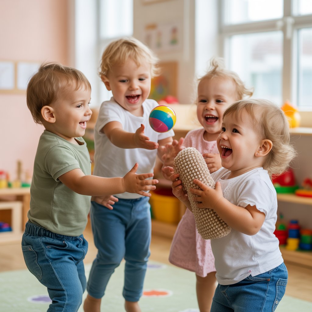 Dzieci w wieku 2–3 lat podczas zabawy sensorycznej na zajęciach z języka angielskiego dla najmłodszych